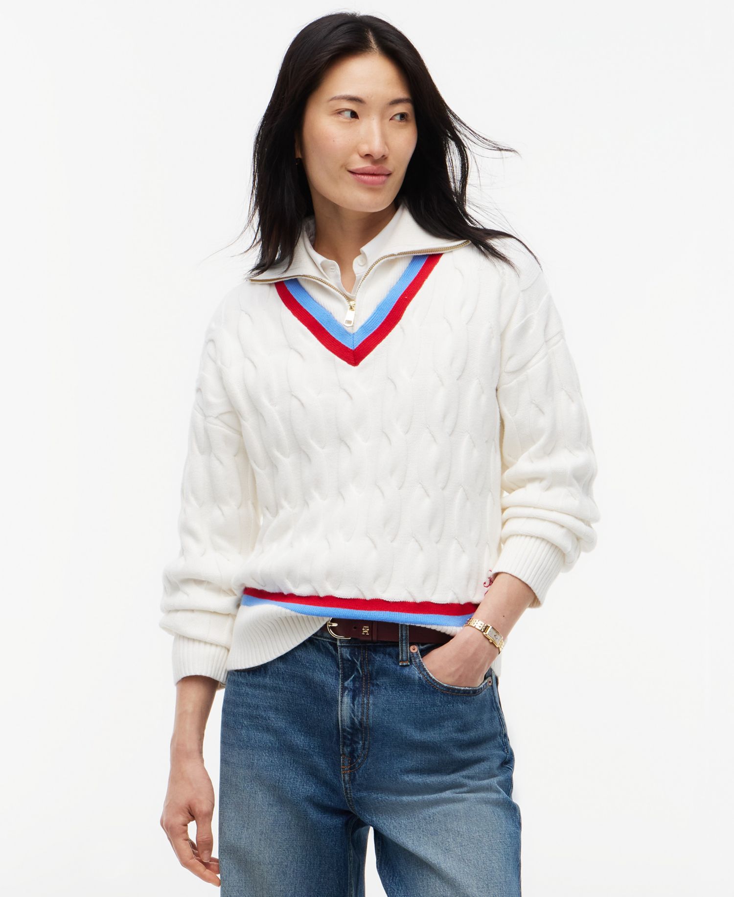 Women's Cable Half Zip Cricket Turtleneck Relaxed-Fit Sweater