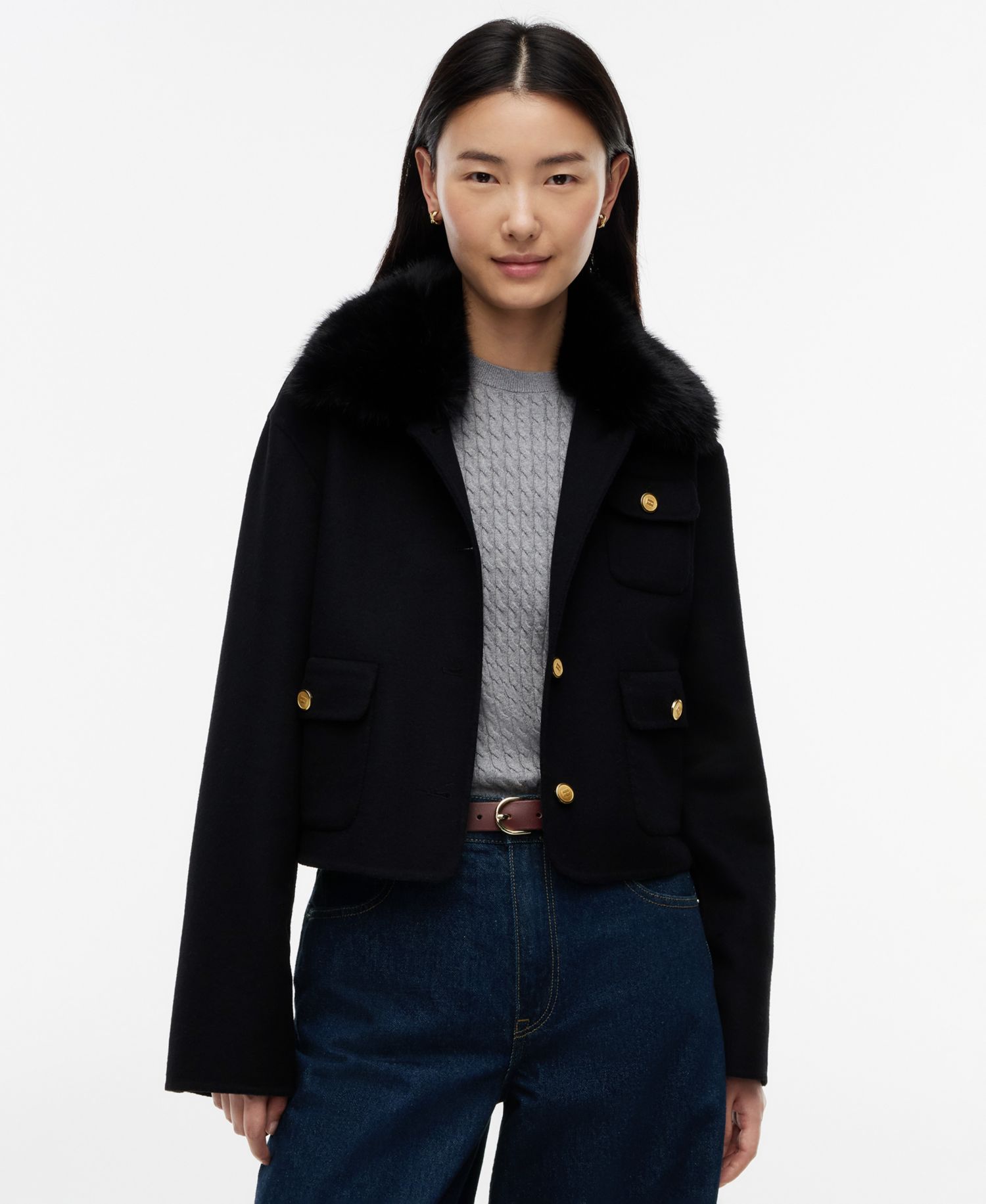 Women's Wool-Blend Cropped Jacket with Faux Fur