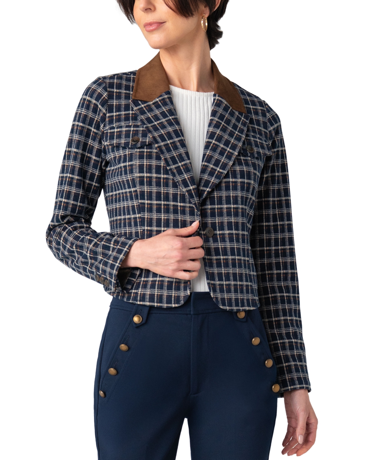 Liverpool Los Angeles Women's Stretch Plaid Unlined Cropped Blazer