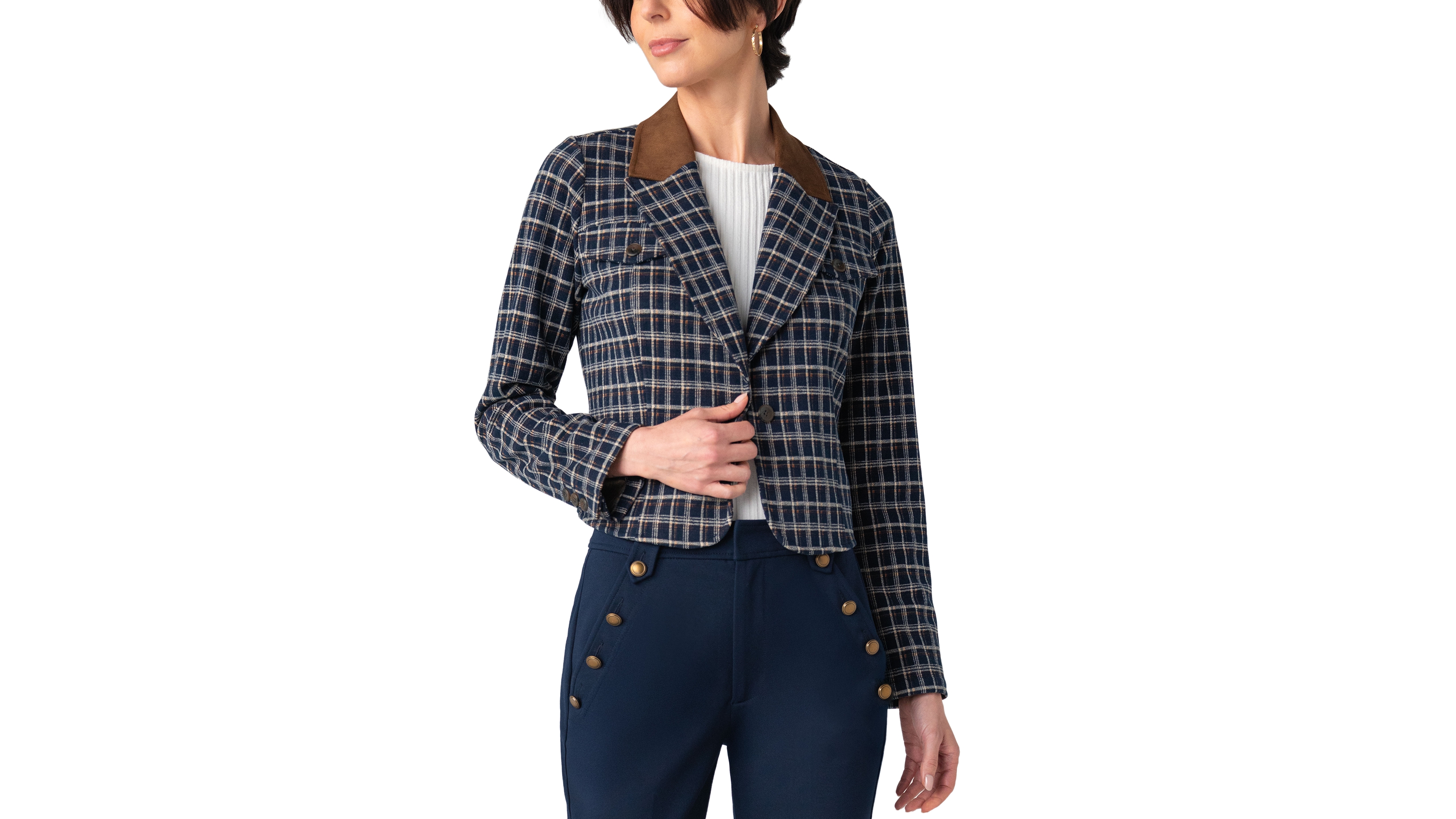 Liverpool Los Angeles Women's Stretch Plaid Unlined Cropped Blazer