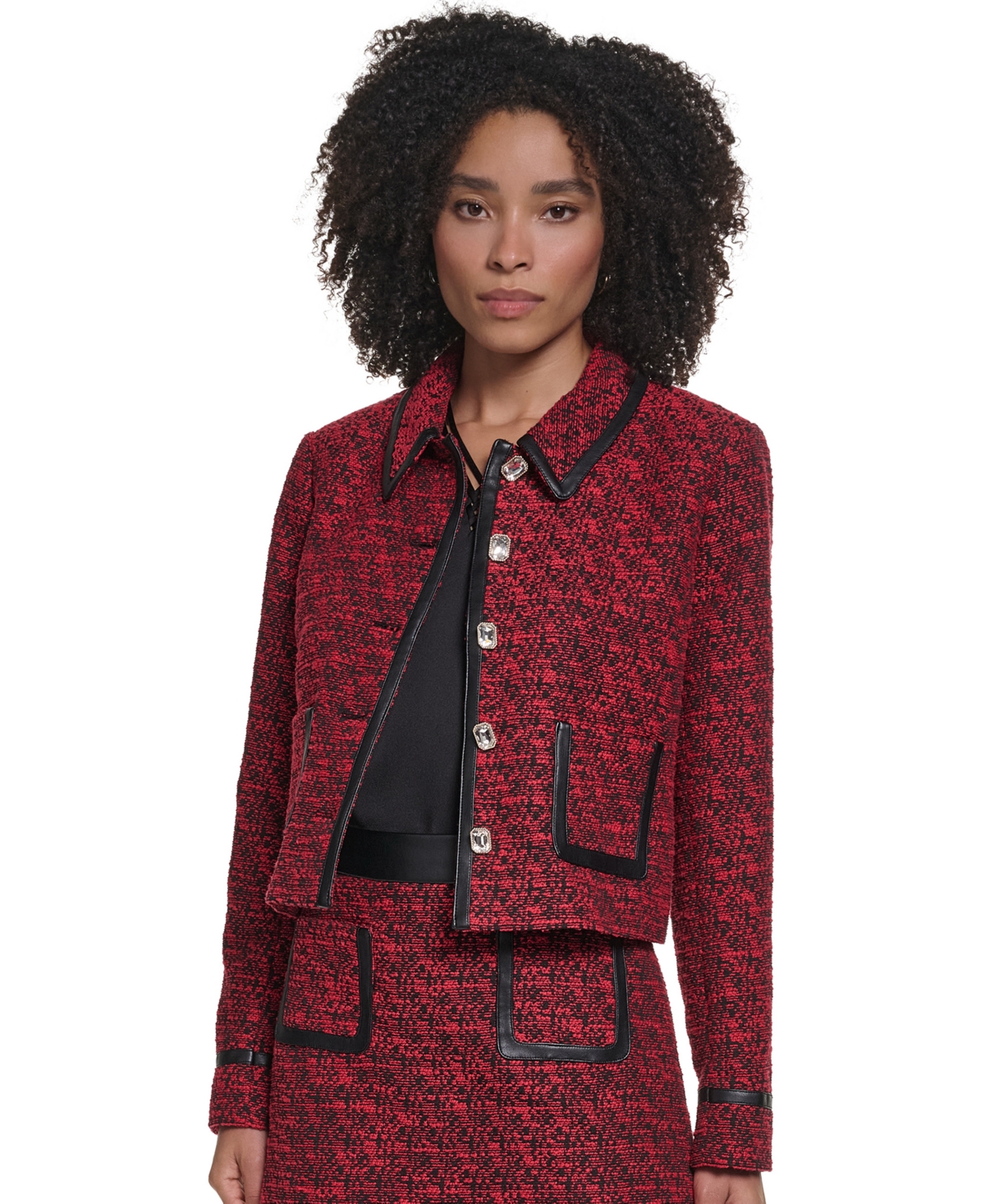 Karl Lagerfeld Paris Women's Kl2030 Cropped Woven Collared Jacket - Admiral Red/Black
