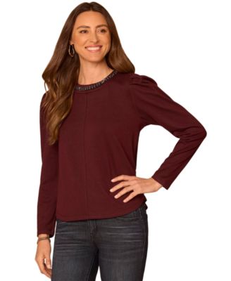 Women's Long-Sleeve Rhinestone-Embellished Scoop Neck Blouse