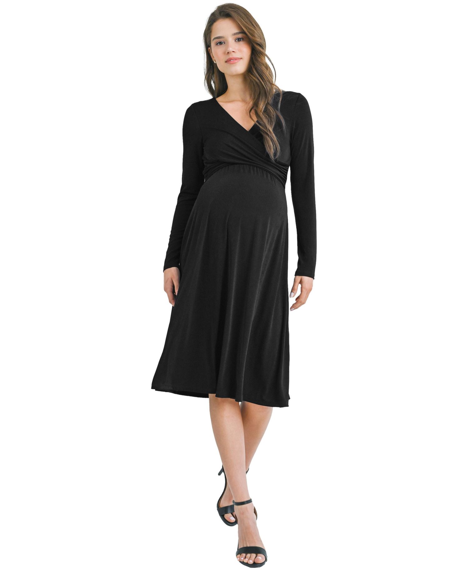 Maternity Nursing Surplice V-Neck Long-Sleeve Midi Dress