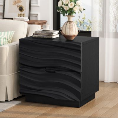 Solid Wood 2-Drawer Nightstand, Handle-Free Curved Front Bedside Table