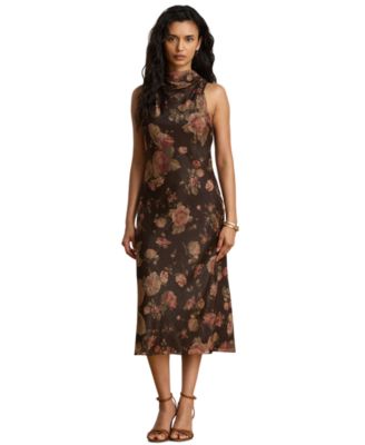 Women's Floral-Print Mockneck with Cowl Drape Cocktail Dress