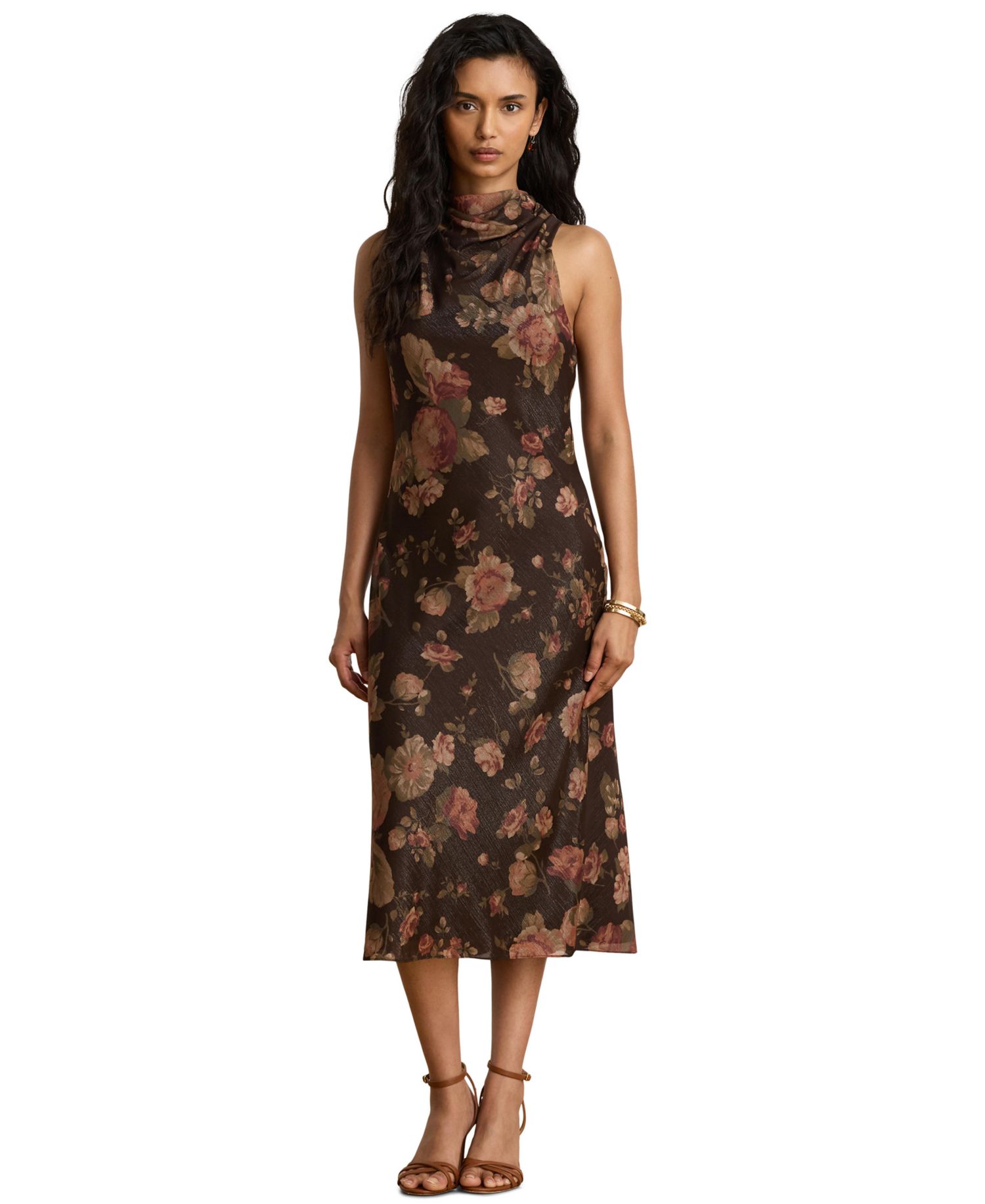 Women's Floral-Print Mockneck with Cowl Drape Cocktail Dress