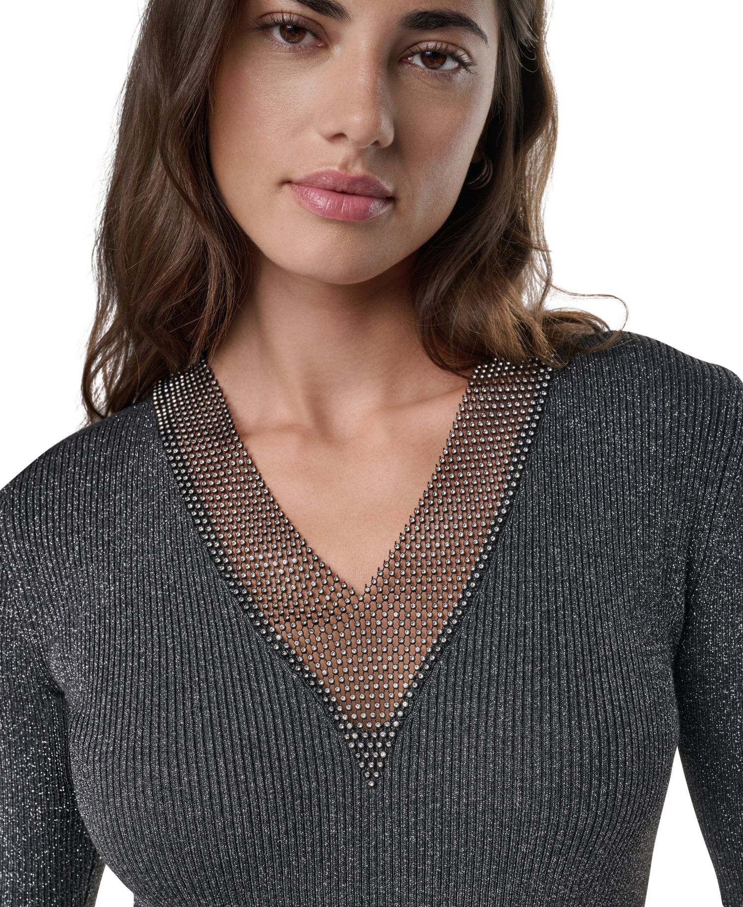 Women's Embellished Lurex V-Neck Sweater