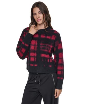 Women's Brushed-Plaid Long-Sleeve Crewneck Pullover Sweater