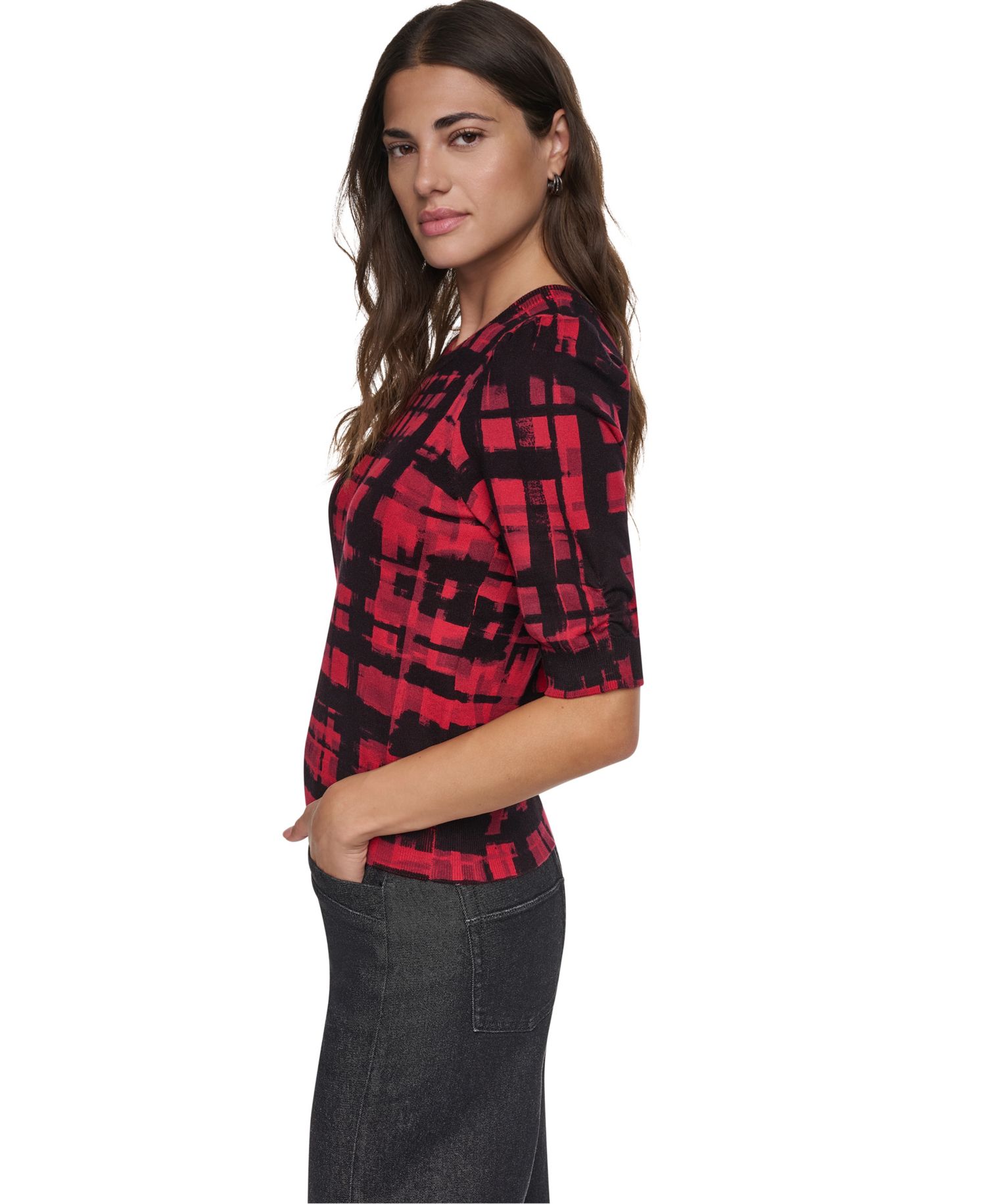 Women's Plaid Elbow-Sleeve Pullover Sweater