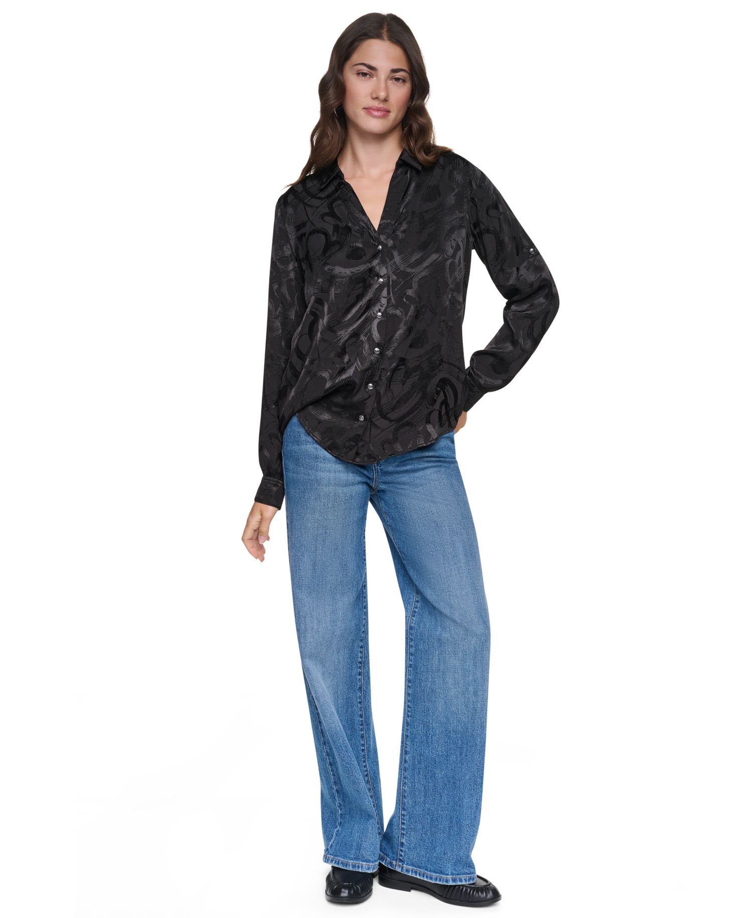 Women's Roll-Tab Jacquard Blouse