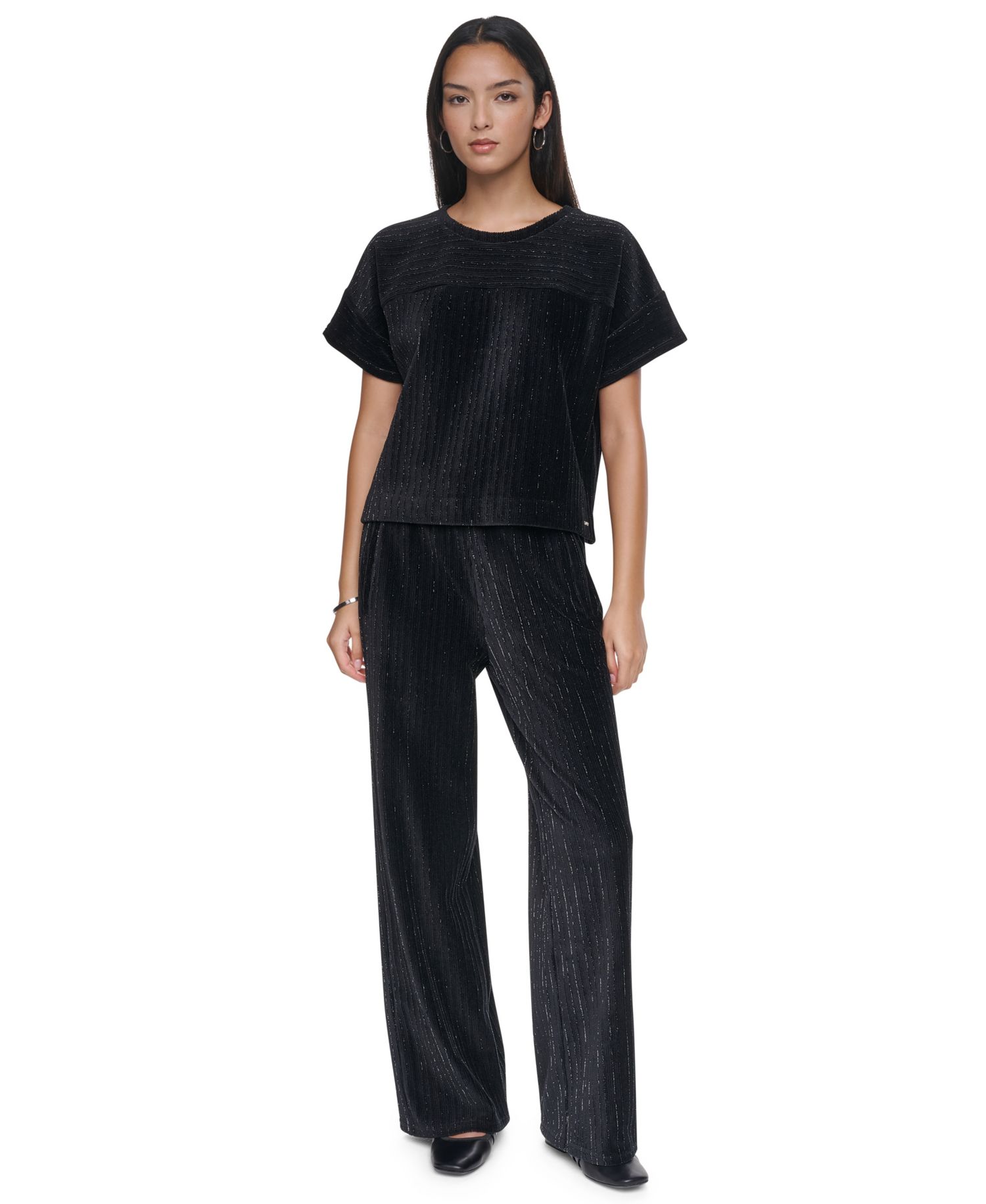 Women's Lurex Velvet Knit Scoop Neck Short-Dolman Sleeves T-Shirt