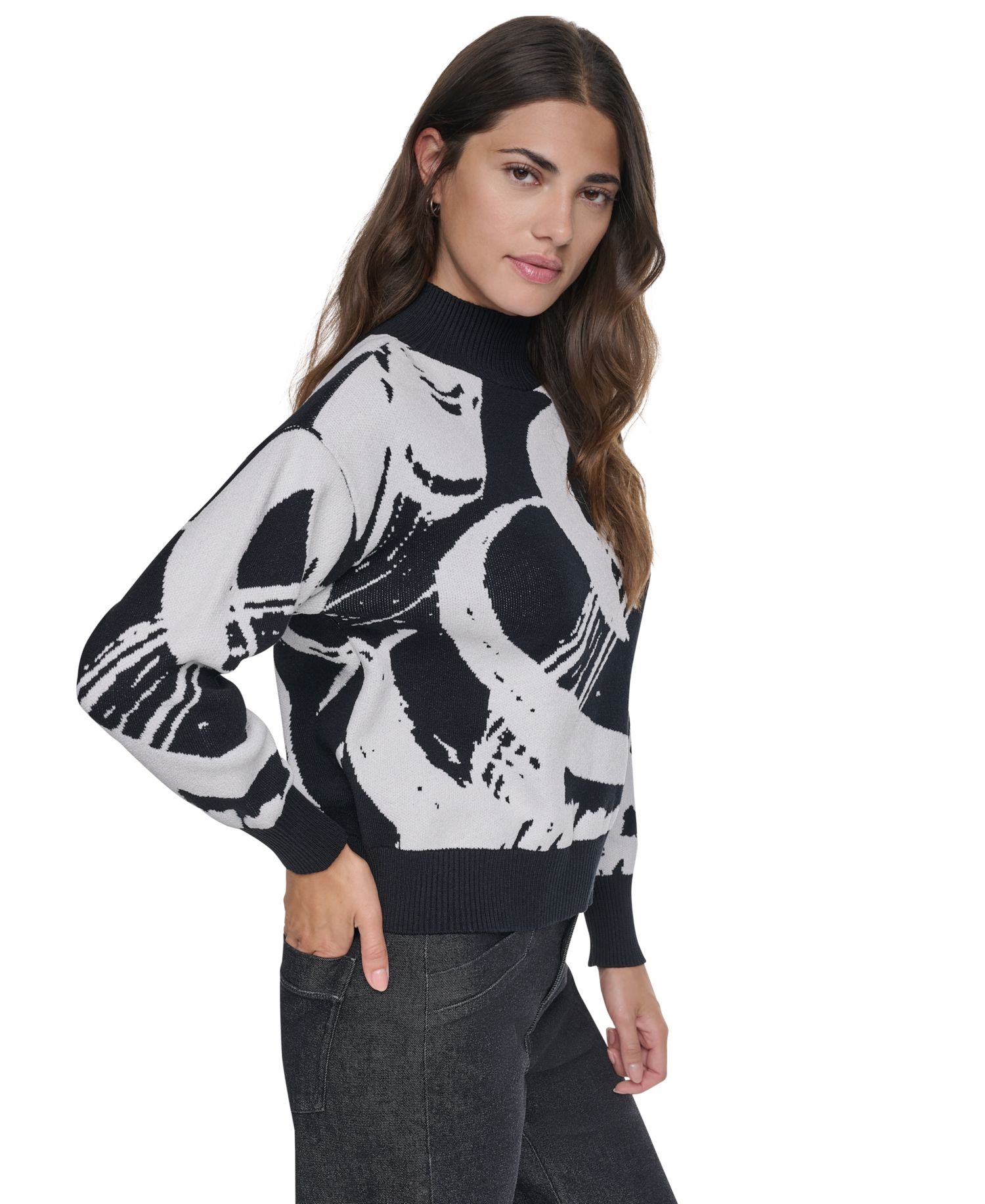 Women's Mock Neck Heart Brushstroke Long-Sleeve Pullover Sweater