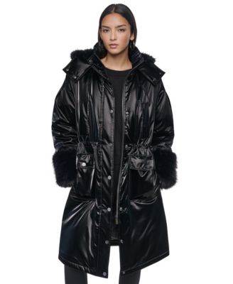 Women's Hooded Knee-Length Faux Fur Cuff Nylon Velvet Coat