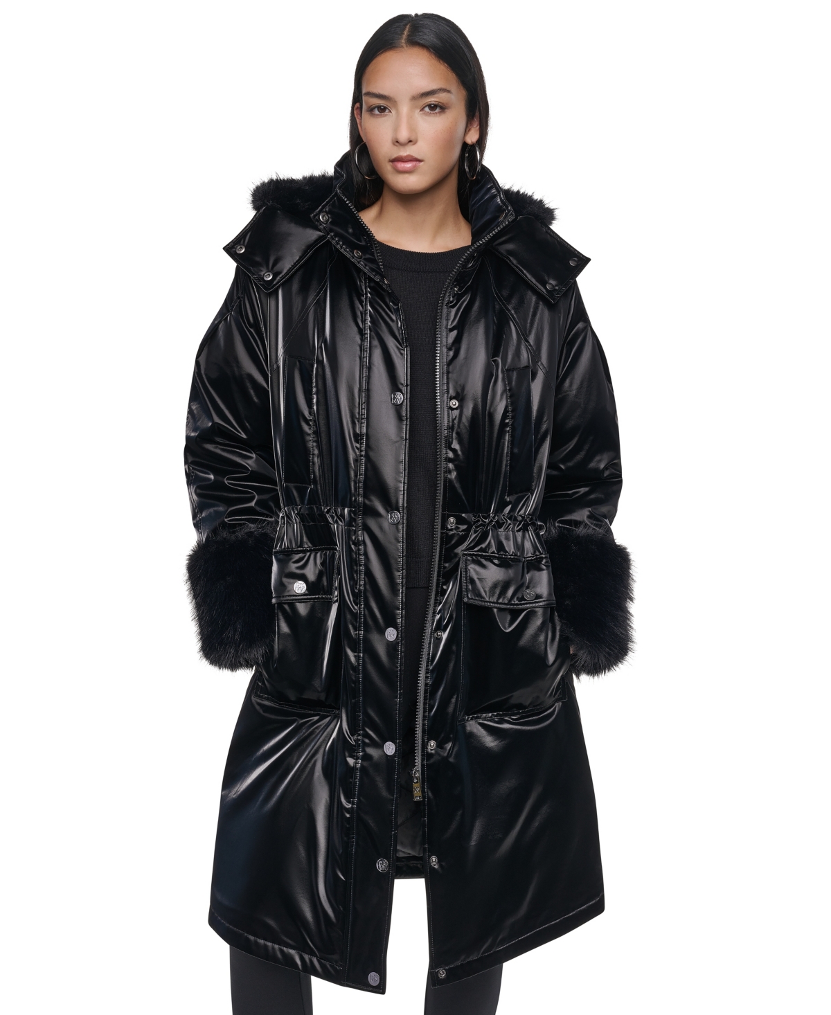 Dkny Women's Hooded Knee-Length Faux Fur Cuff Nylon Velvet Coat