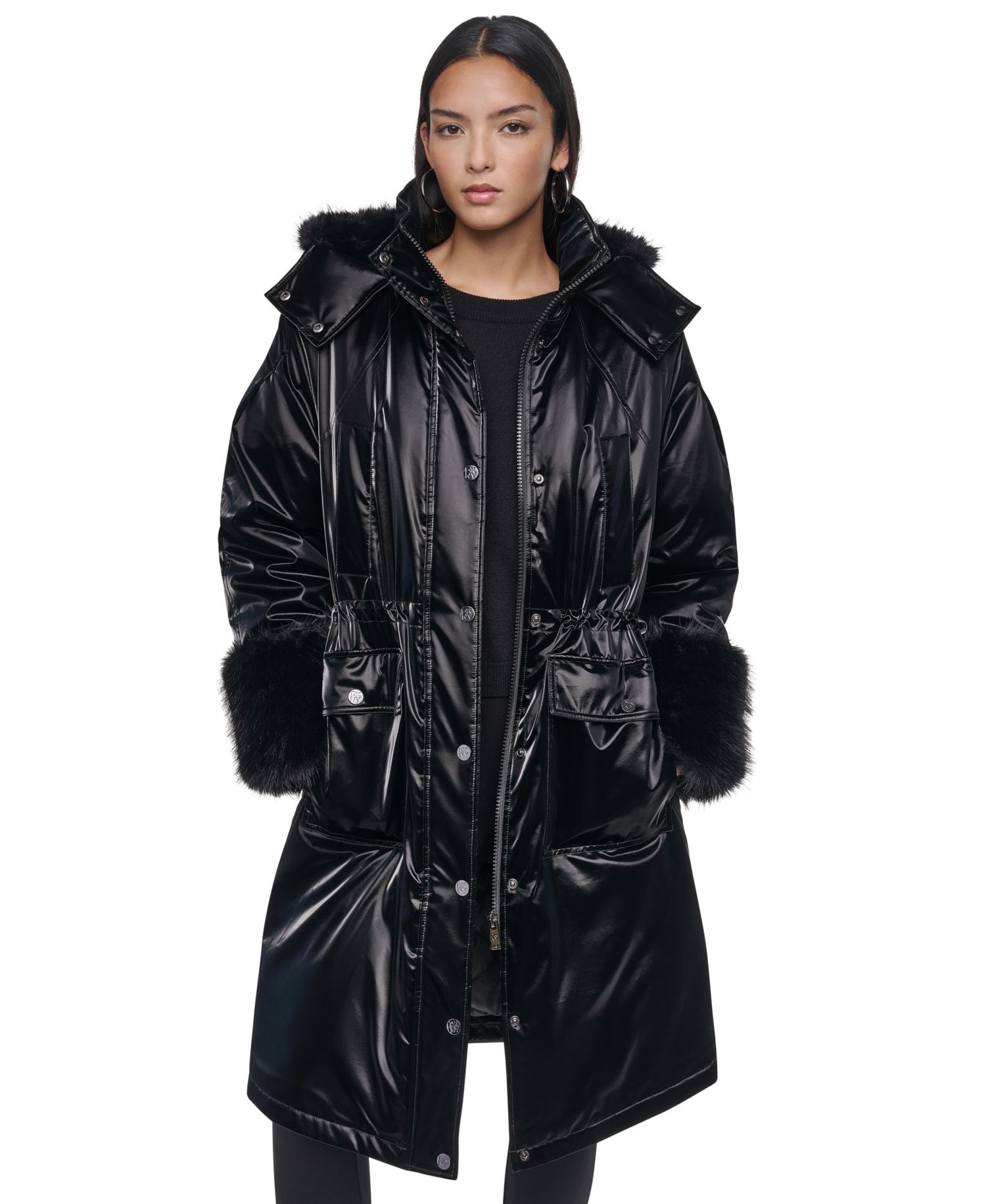 Women's Hooded Knee-Length Faux Fur Cuff Nylon Velvet Coat