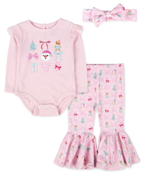 Baby Essentials Boys' and Girls' Long-Sleeve Holiday Bodysuit, Pants, and Bow Headband, 3-Piece Set, цвет: Розовый