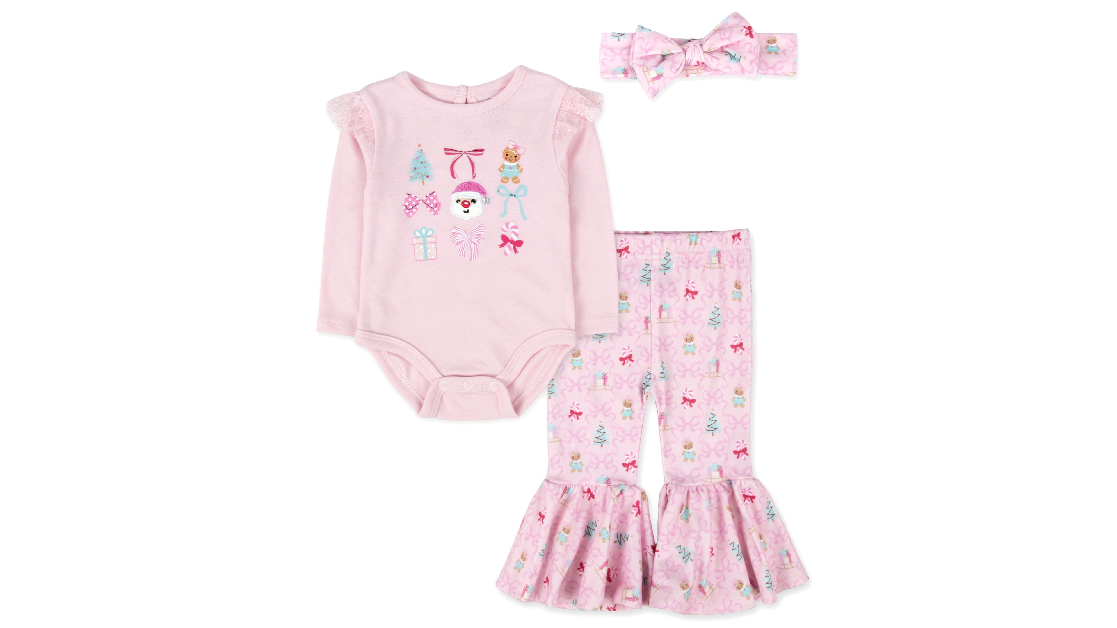 Baby Essentials Boys' and Girls' Long-Sleeve Holiday Bodysuit, Pants, Bow Headband, 3-Piece Set