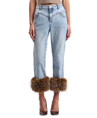 Women's High-Rise Faux Fur Hem Straight-Leg Jeans