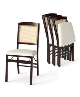 Folding Dining Chairs with Linen Padded Seat and Rattan Backrest