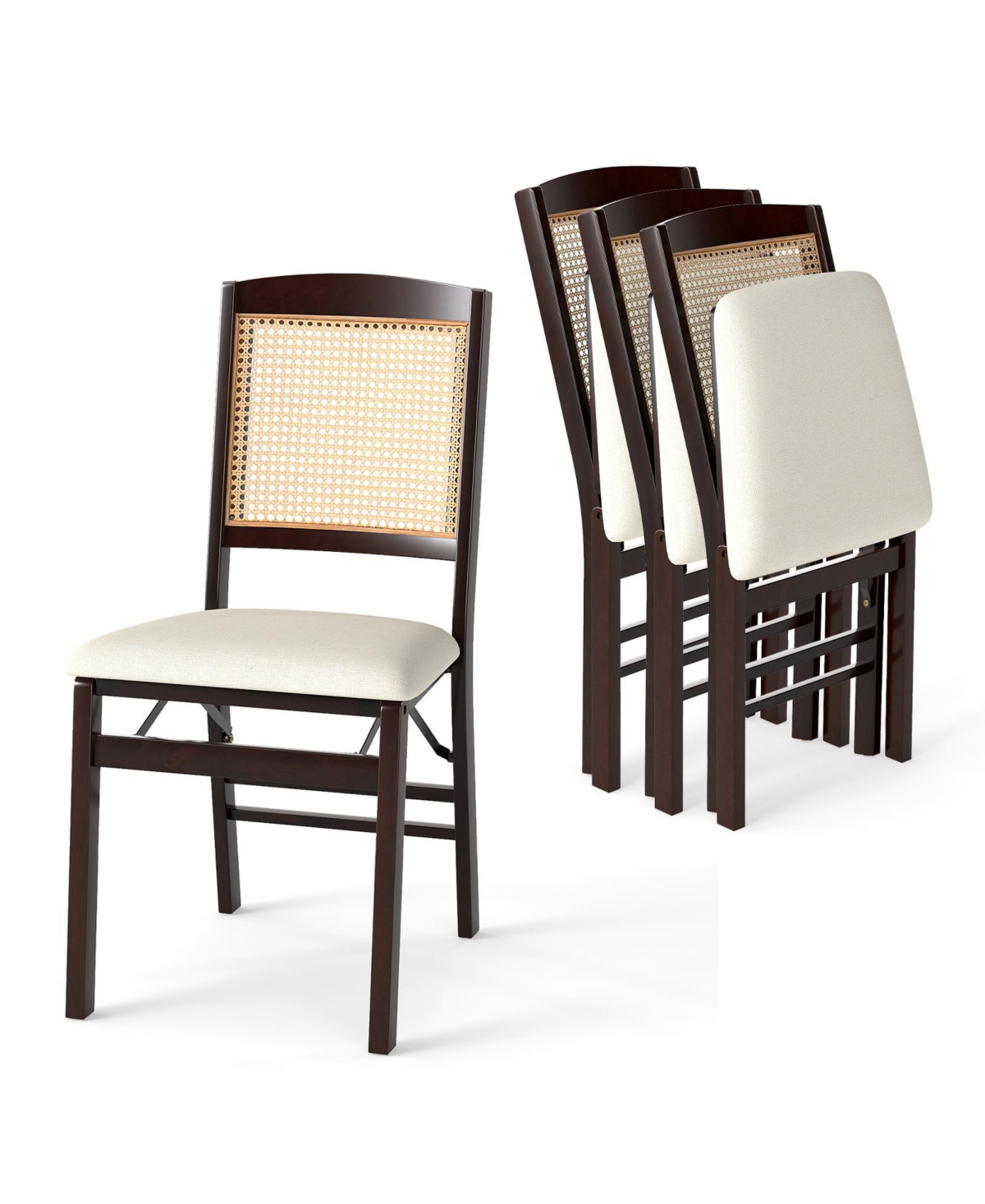 Costway Folding Dining Chairs with Linen Padded Seat and Rattan Backrest - Brown