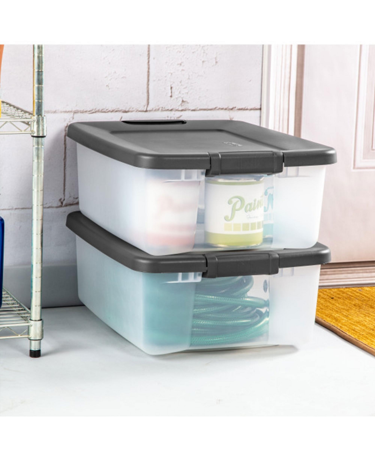 Sterilite 25 Quart Shelf Tote with Flat Gray Lid and Platinum Latches (12 Pack)