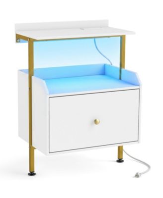 Wall Mounted LED Nightstand with Charging Station 2 Shelves and Deep Drawer
