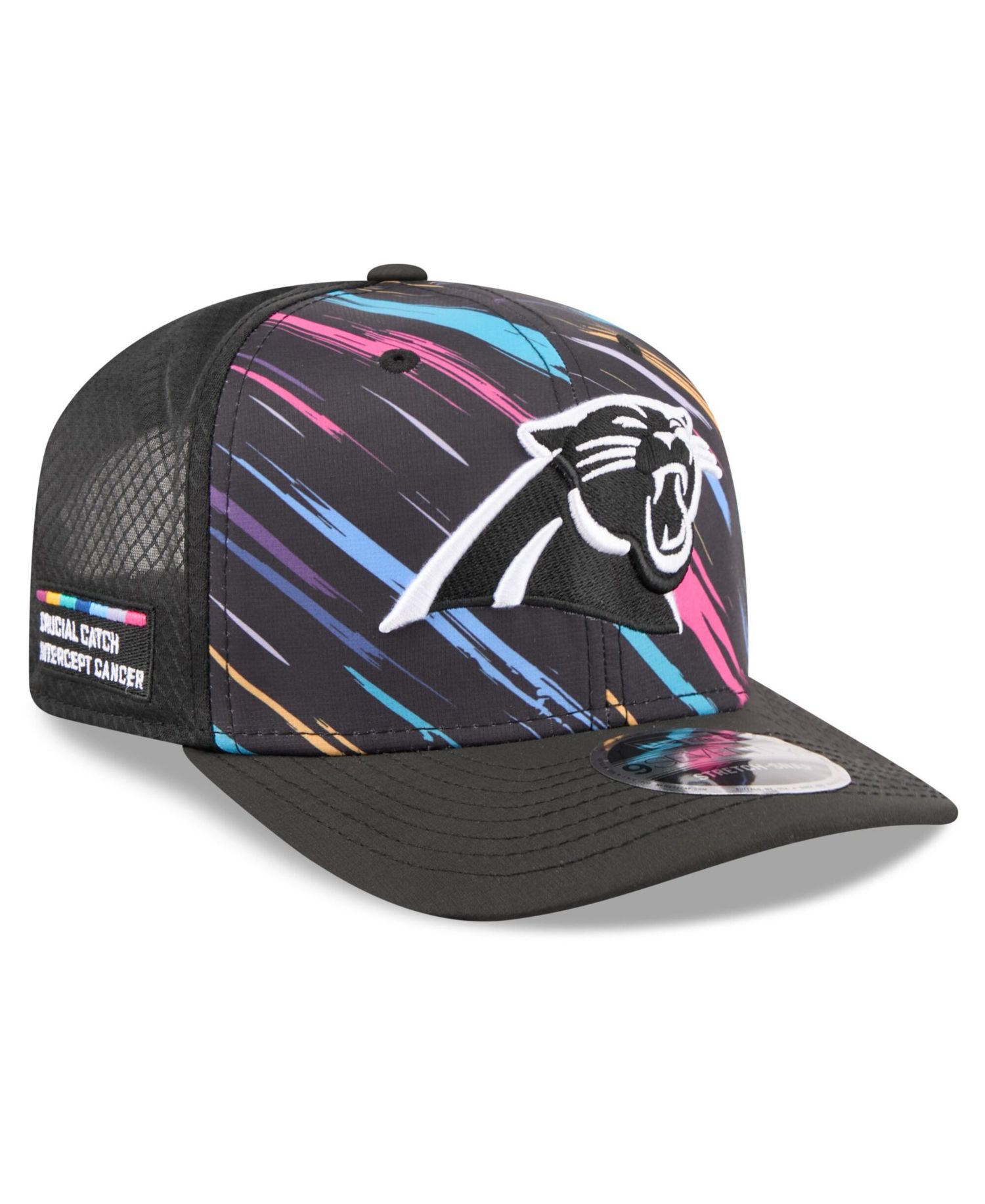 Men's Black Carolina Panthers 2026 NFL Cruical Catch 9SEVENTY Adjustable Trucker Hat