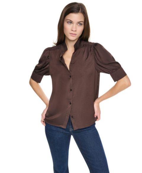 Женская рубашка DKNY Jeans Petite Satin Puff-Sleeve Button-Front, цвет: Тёмно-коричневый
