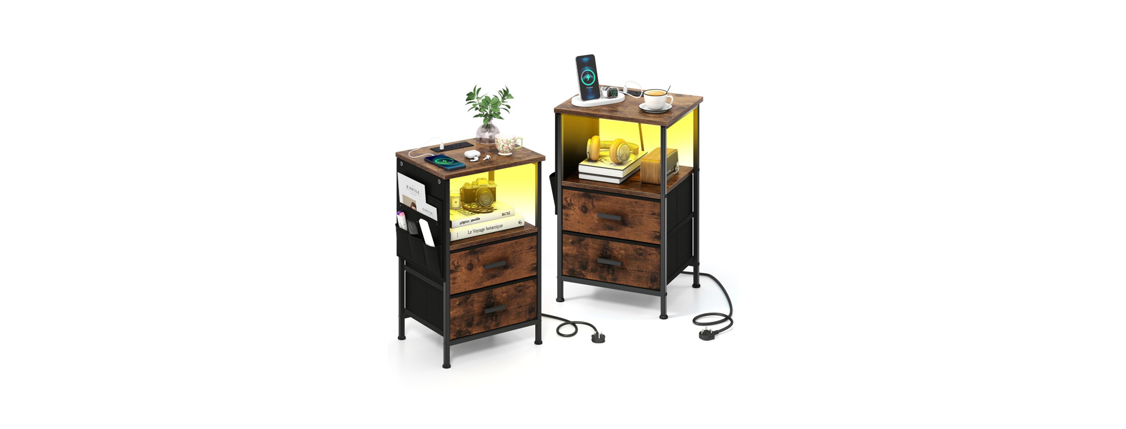 Slickblue Set of 2 Nightstands with Led Lights, Charging Station And Fabric Drawers