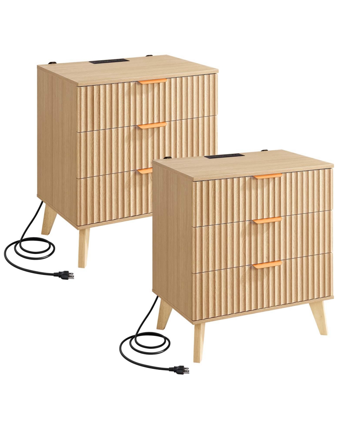 Gouun 2-Piece Fluted Nightstand Set with Charging Stations and Three Drawers Each