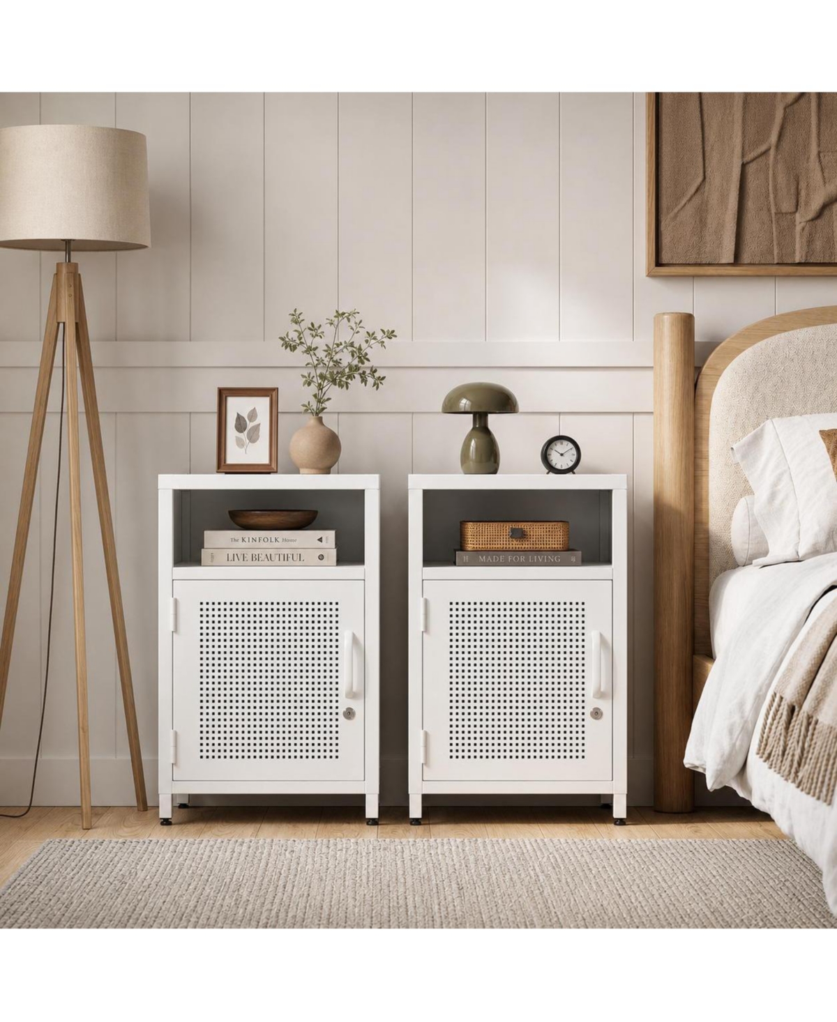 homfan Set of 2 Metal Locker Nightstands – Steel Bedside Tables with Locking Door and Open Shelf for Bedroom and Dorm, Modern