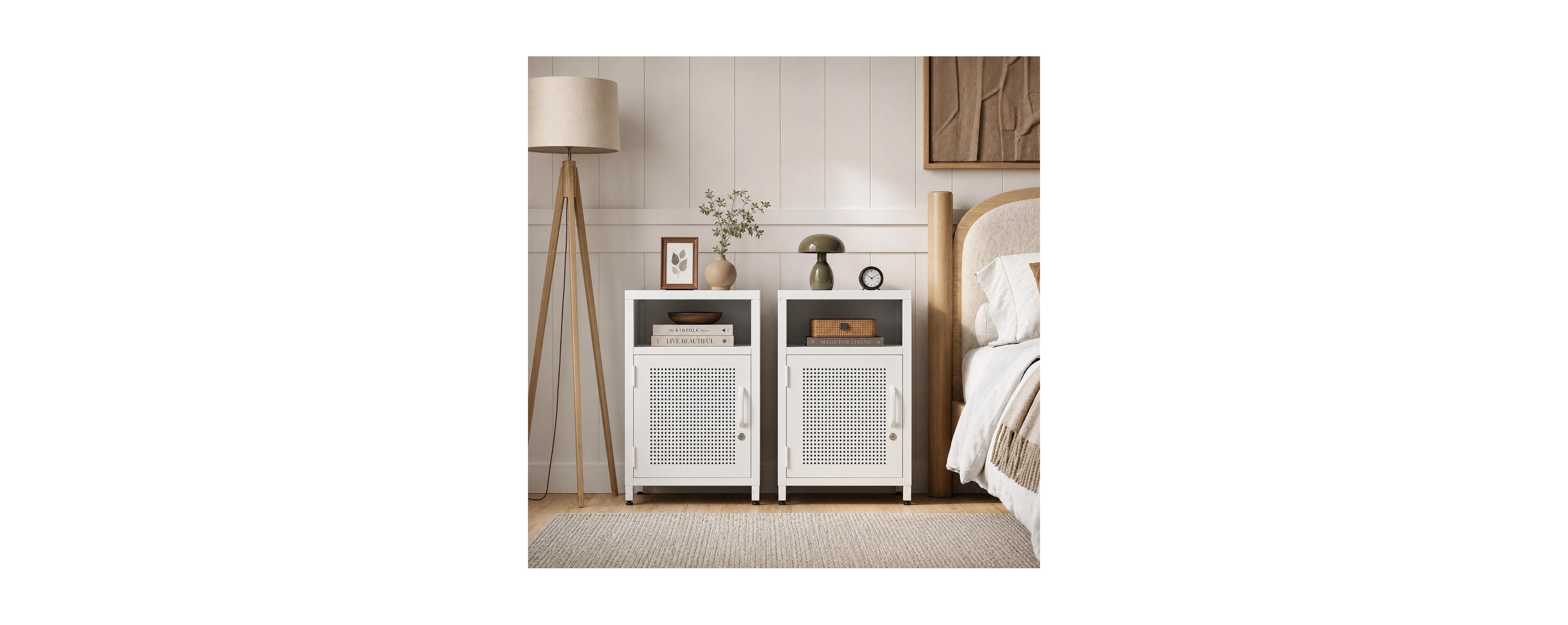 homfan Set of 2 Metal Locker Nightstands – Steel Bedside Tables with Locking Door and Open Shelf for Bedroom and Dorm, Modern