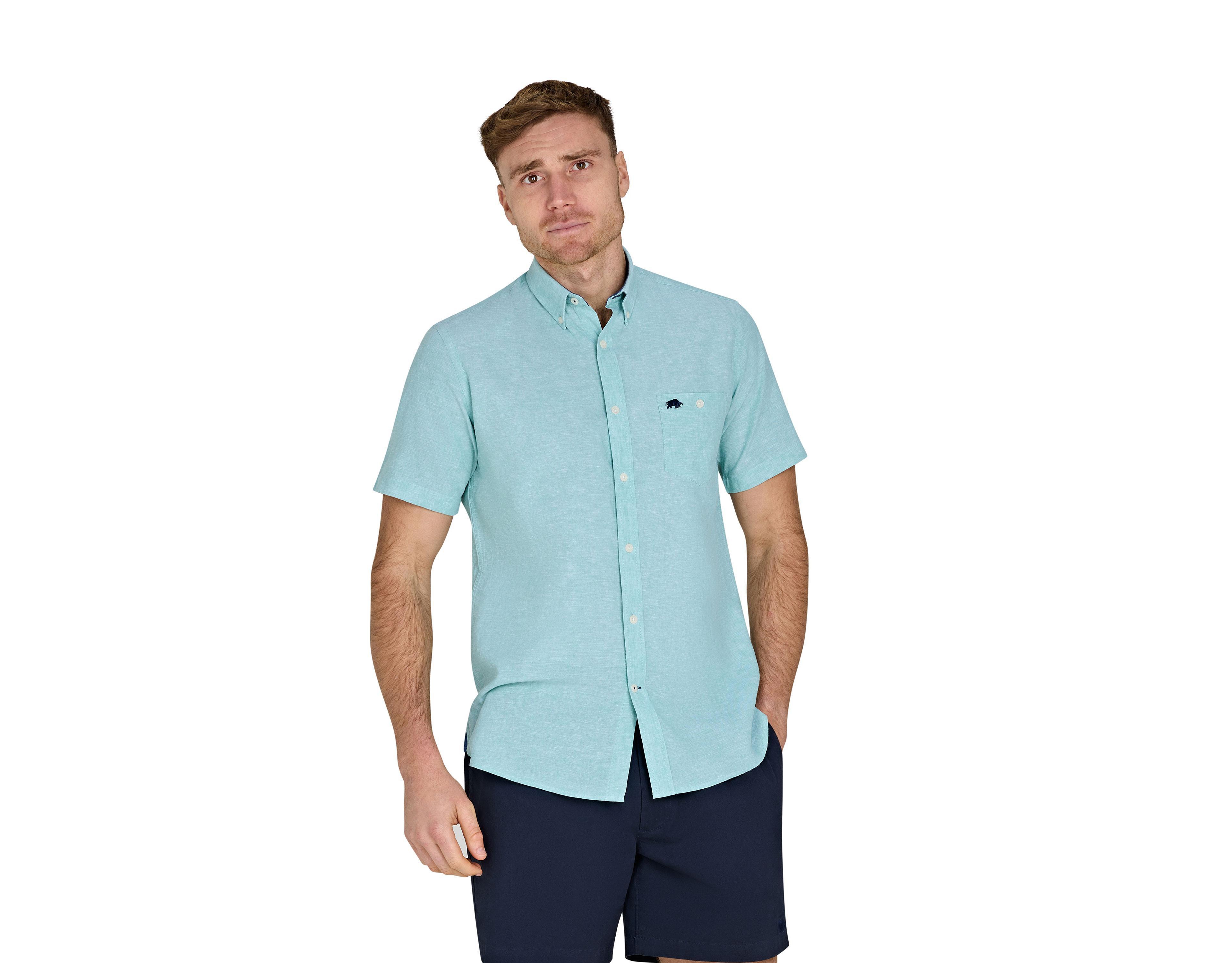 Raging Bull Men's Short-Sleeve Linen-Blend Button-Down Collar Shirt