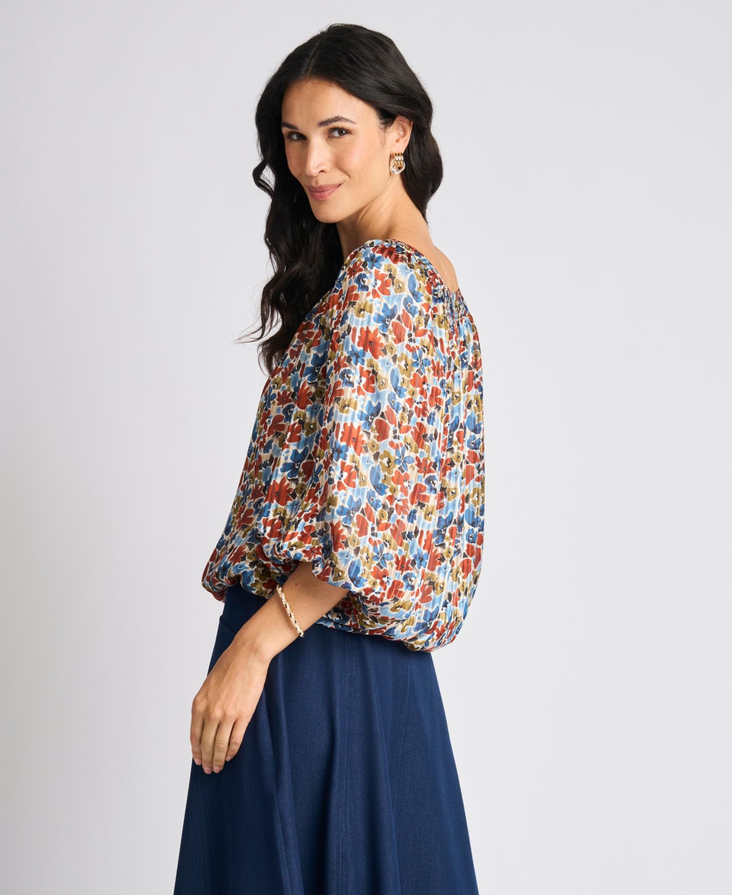 Women's Floral Square Neck 3/4-Sleeve Blouse