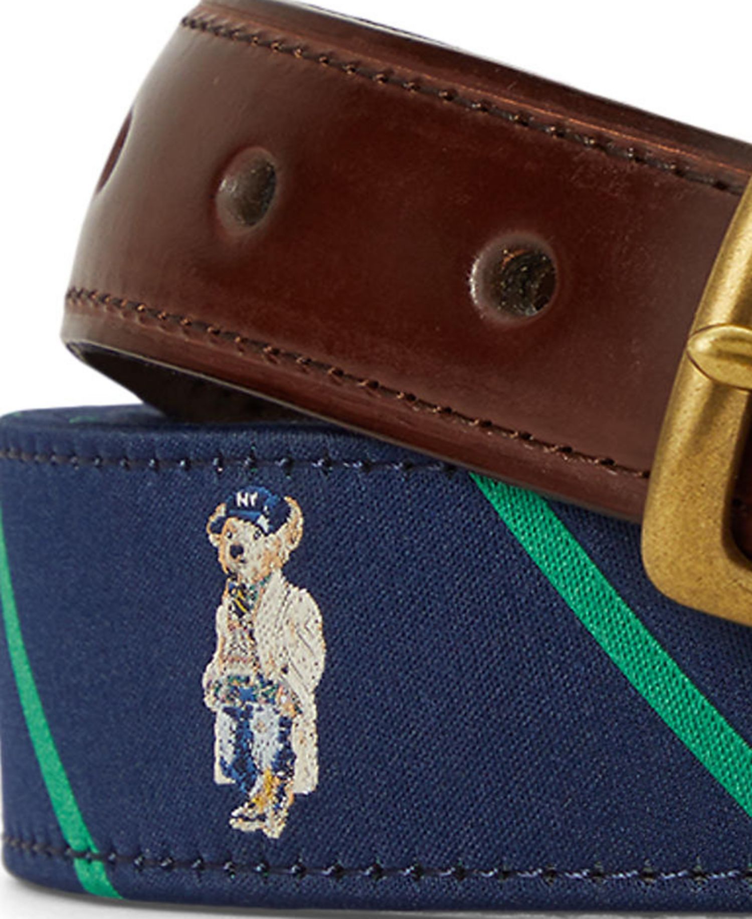 Men's Polo Bear Leather Trim Stripe Belt