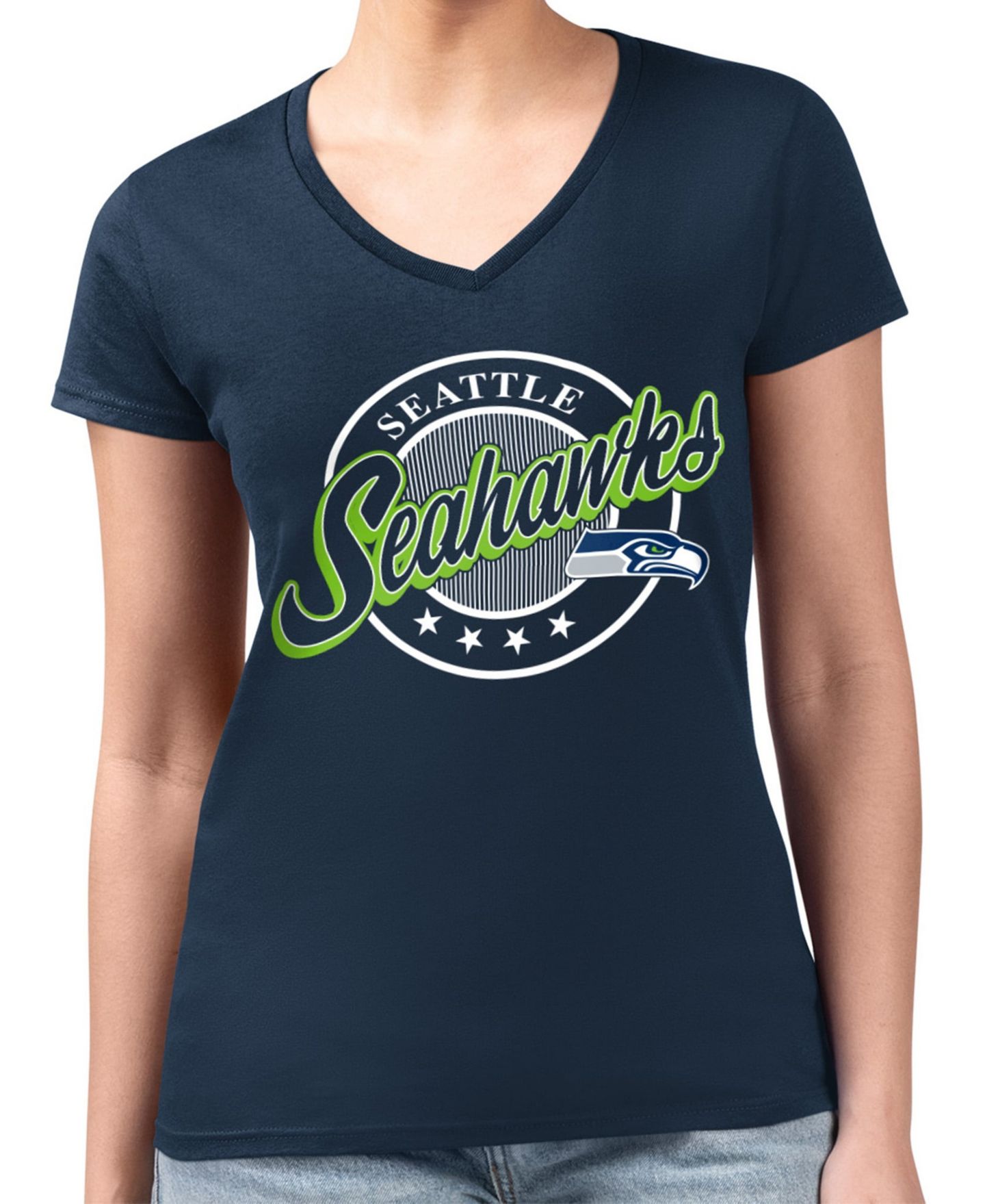 Женская футболка G-III 4Her by Carl Banks Navy Seattle Seahawks Super-Slim Fit Lightweight Pinstripe Circle V-Neck — фото 1