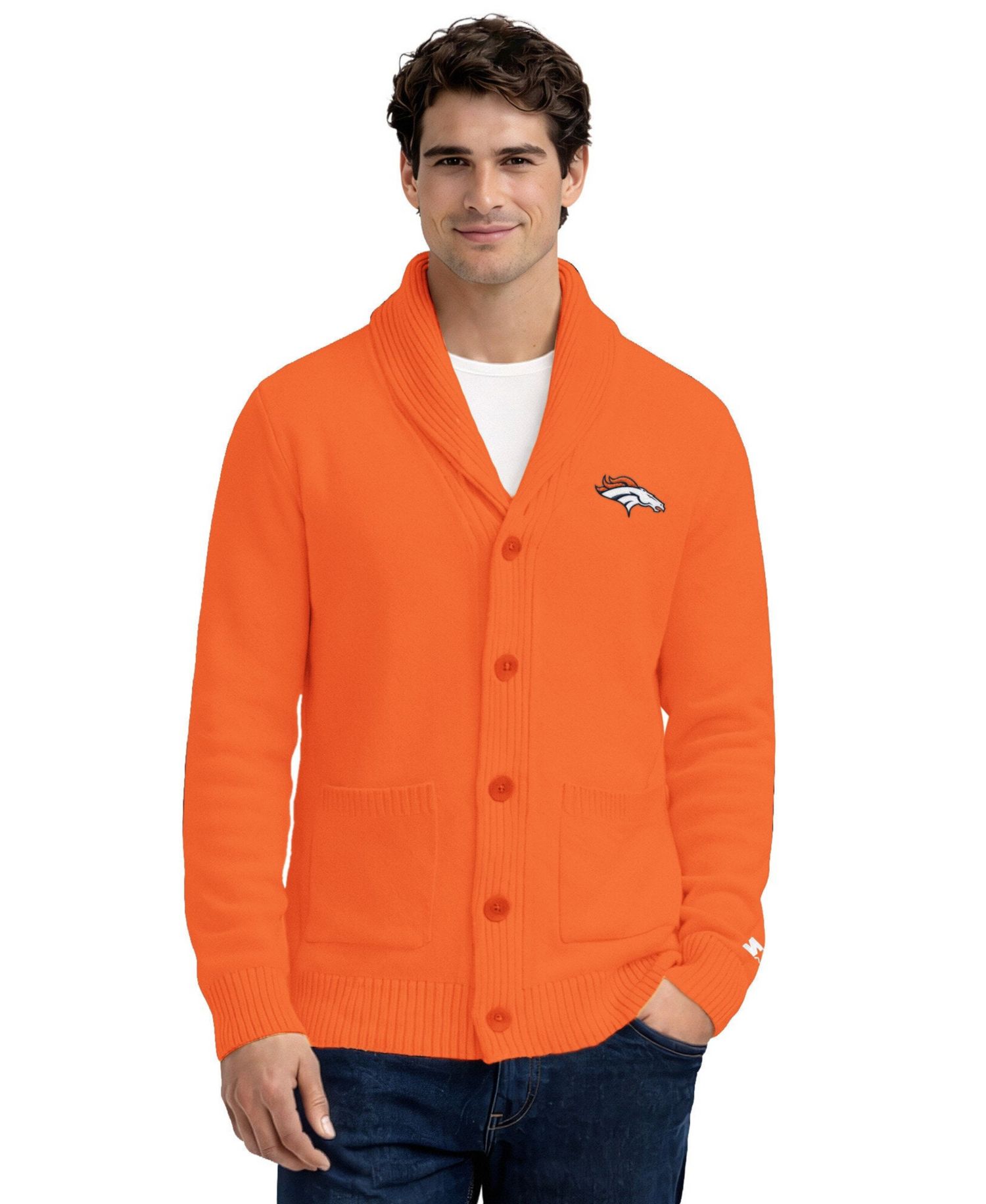 Men's Orange Denver Broncos Shawl Collar Heavy Knit Cardigan Sweater
