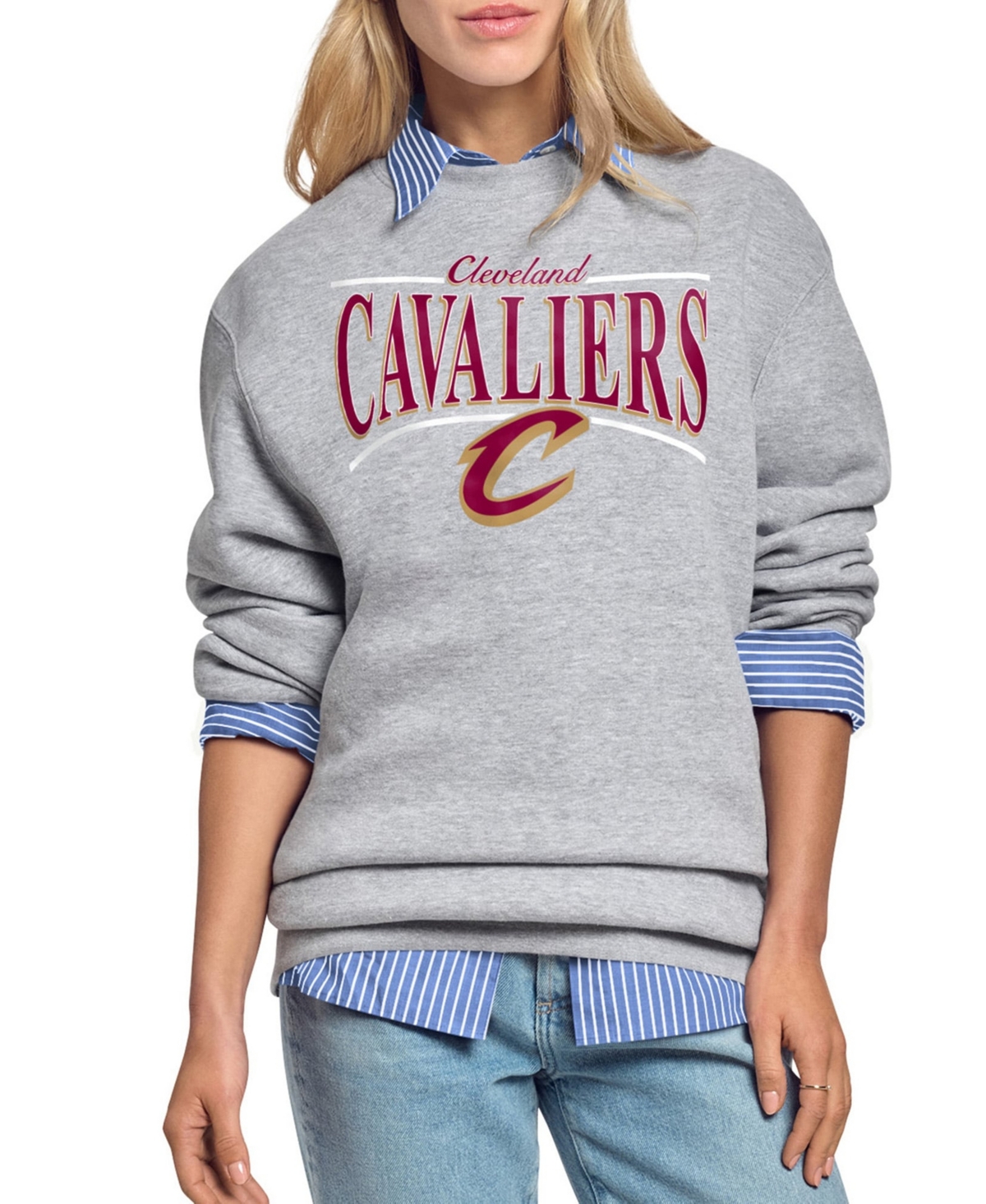 Starter Women's Cleveland Cavaliers Arch Stripe Fleece Crewneck Sweatshirt In Gray