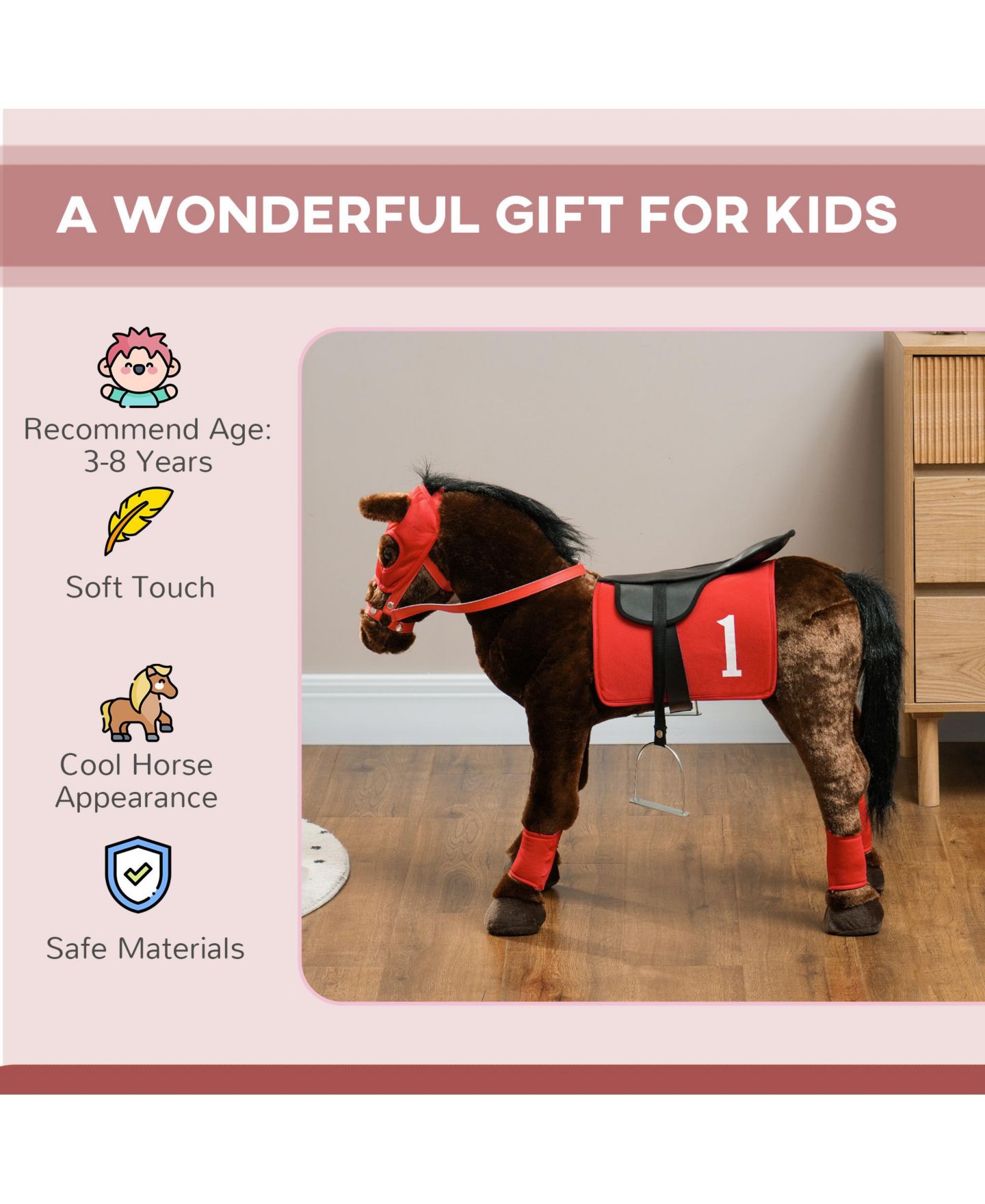 Детская мягкая игрушка Glintex Ride On Horse Toy with Neighing Sound, Plush Racing Pony with Independent Saddle and Stirrups for Kids 3-8, Holds 132 lbs, Brown, цвет: Коричневый — фото 7