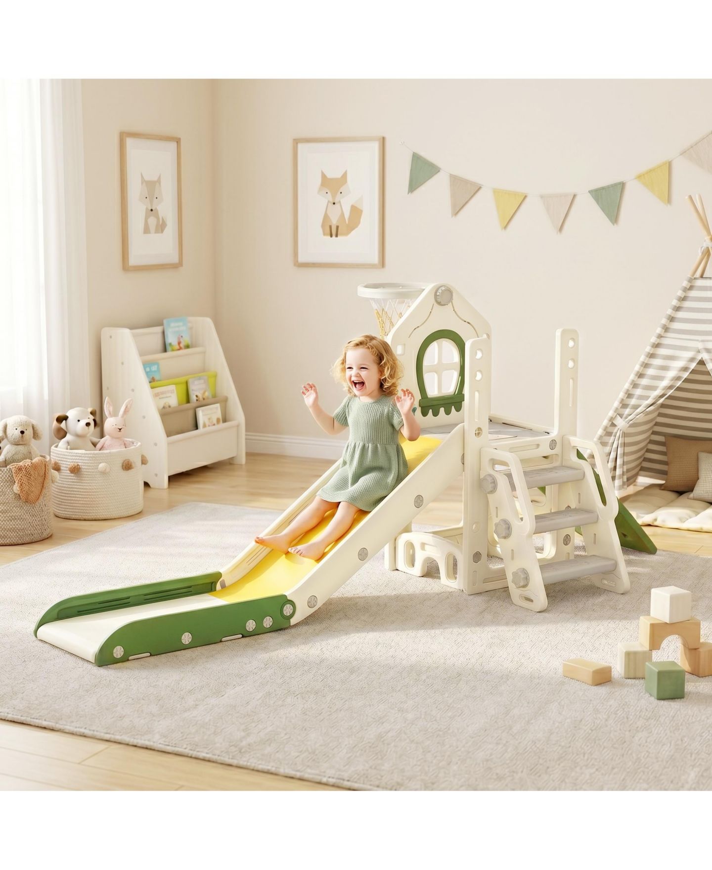 Детский игровой набор Glintex Foldable 5-in-1 Toddler Slide Indoor Playset, Ages 1-3, цвет: Кремовый белый — фото 9