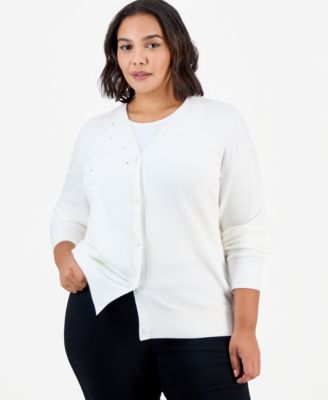 Plus Size Floral Applique With Sequin Embellishments V-Neck Cardigan