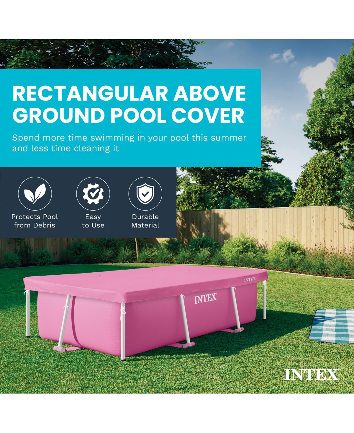 Intex 7' x 5' x 23.5" Metal Frame Above Ground Pool with Rectangular Cover, Pink