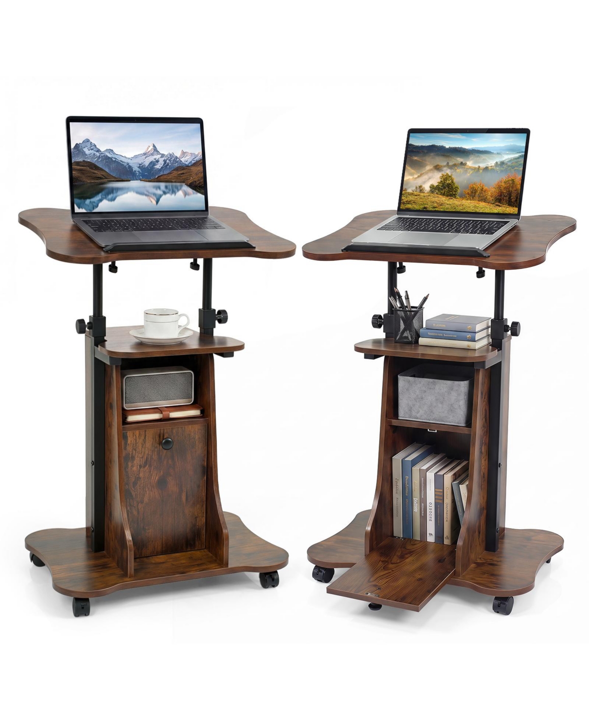 Costway 2 Pcs Mobile Podium Stand Office Laptop Cart with Storage Adjustable Height