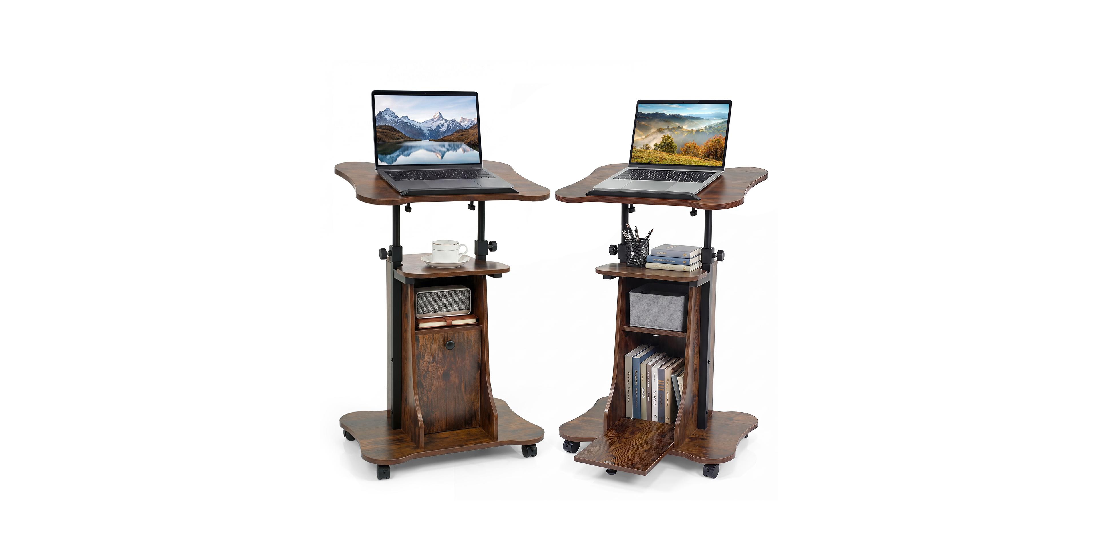 Costway 2 Pcs Mobile Podium Stand Office Laptop Cart with Storage Adjustable Height