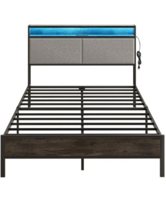 Modern Metal Bed Frame with Storage Headboard, LED Lights, USB Charging and Metal Slats