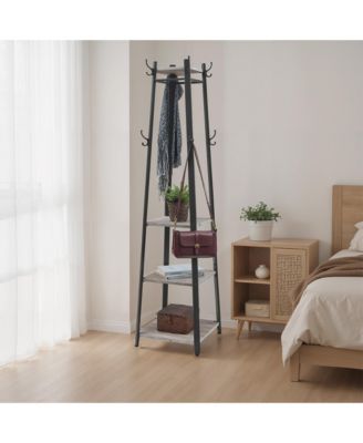 Coat Rack, Coat Stand with 4 Shelves, Hall Tree Free Standing with Hooks, Steel Frame, for Entryway, Living Room