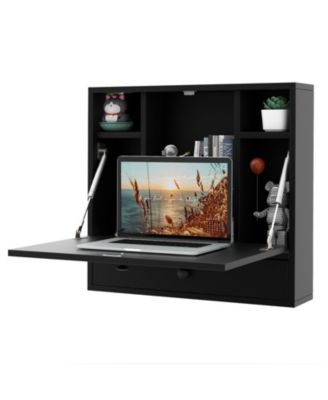 Wall-Mount Floating Desk, Foldable Space-Saving Laptop Workstation with Shelves and Drawer