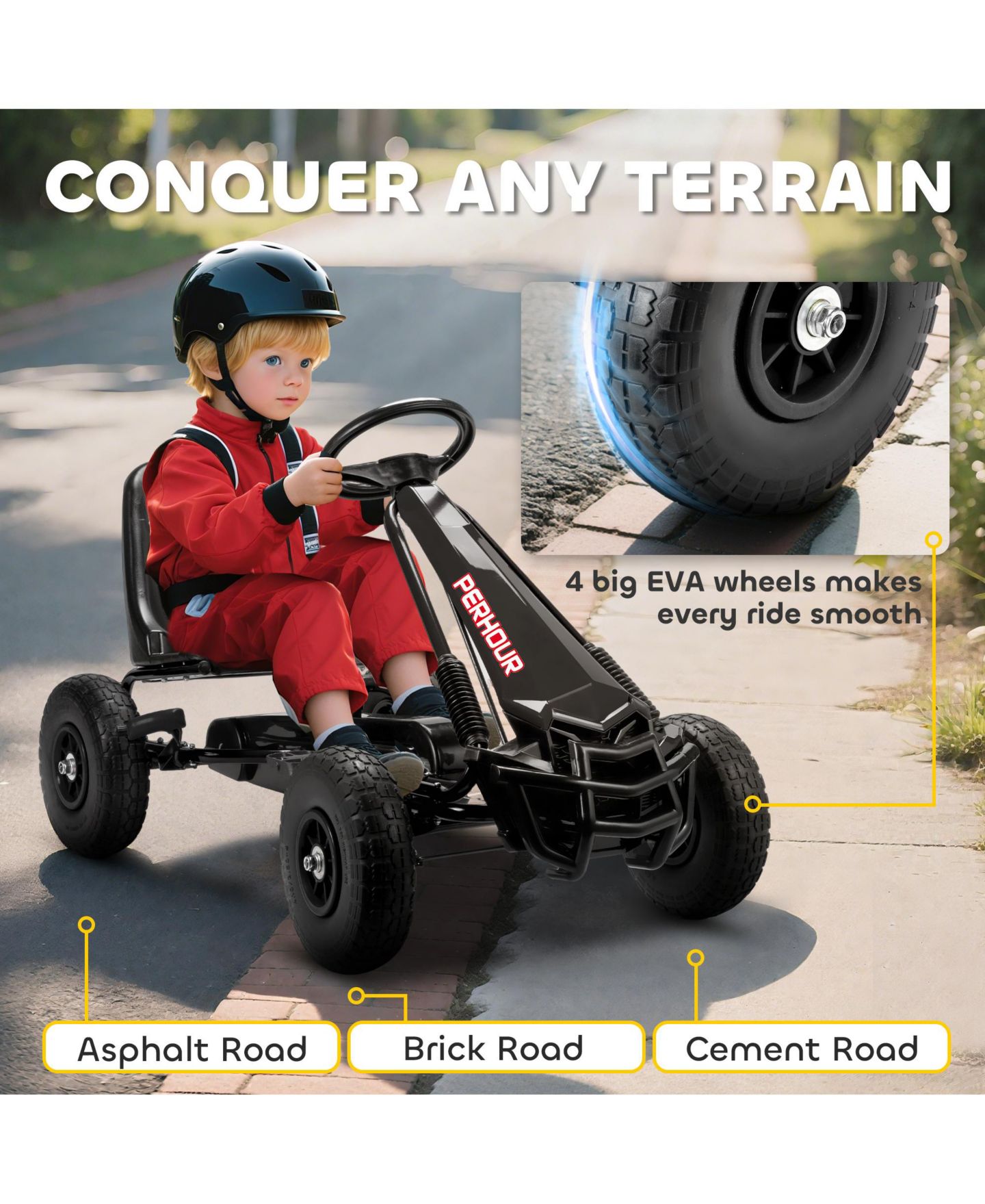 Детская игрушка Qaba Pedal-Powered Go Kart with Adjustable Seat and Eva Tires, 3–8 лет, цвет: Чёрный — фото 6