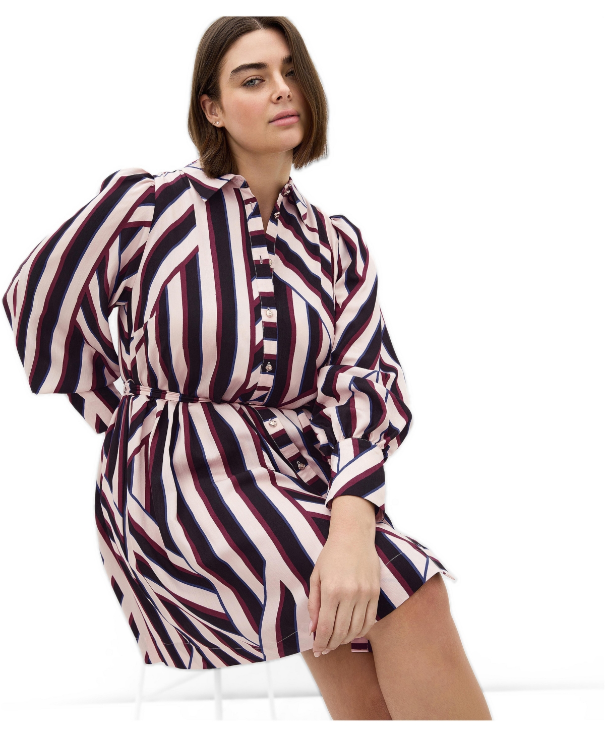 City Chic Plus Timeless Stripe Long-Sleeve Mini Shirt Dress