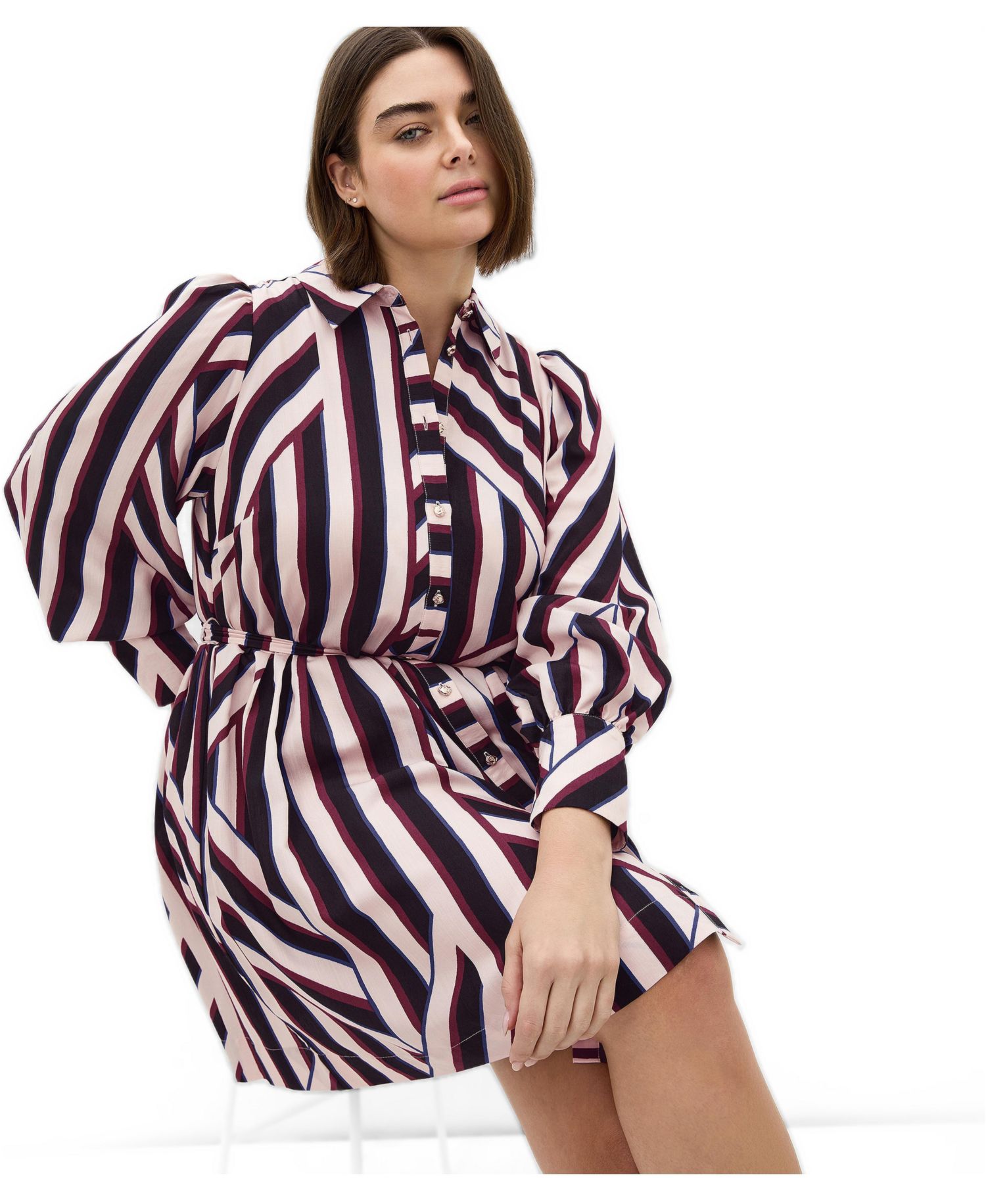 Plus Size Timeless Stripe Long-Sleeve Mini Shirt Dress